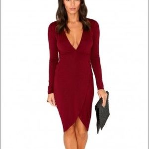 Burgundy Plunge Neckline Wrap Dress